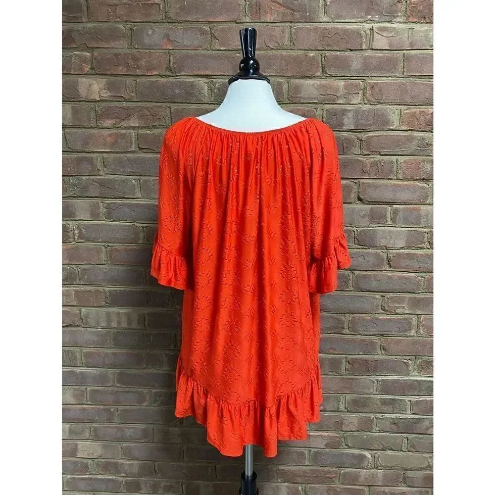 Per Seption Red Ruffle Sleeve Eyelet Top Size 2X NWOT